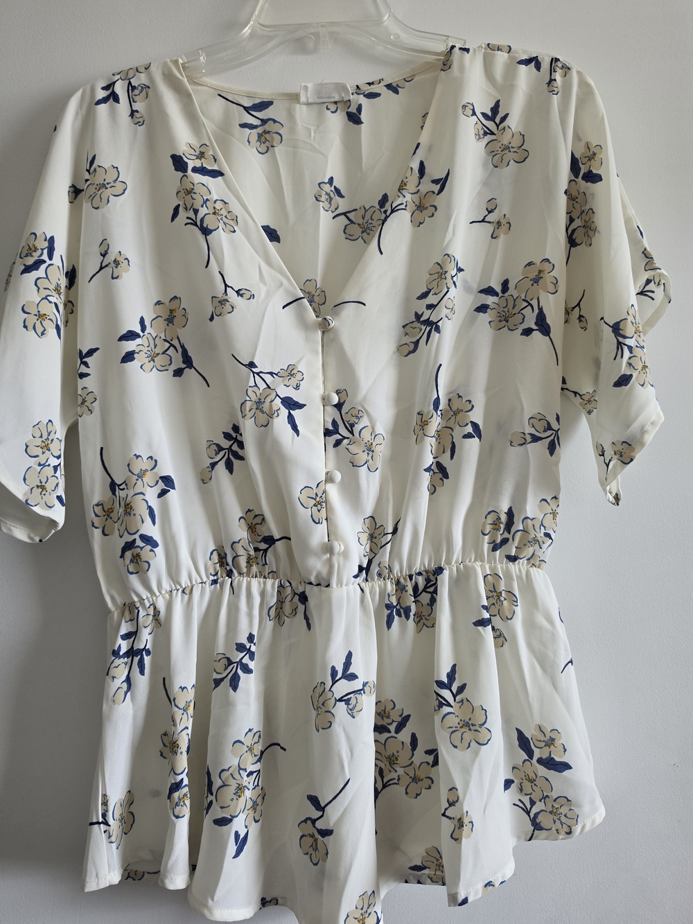 Floral V-Neck Peplum Blouse - Cream with Navy Floral